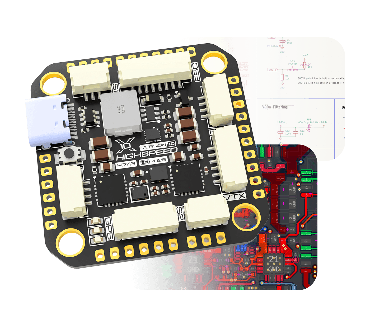 Flight controller PCB with schematic and layout blueprint elements